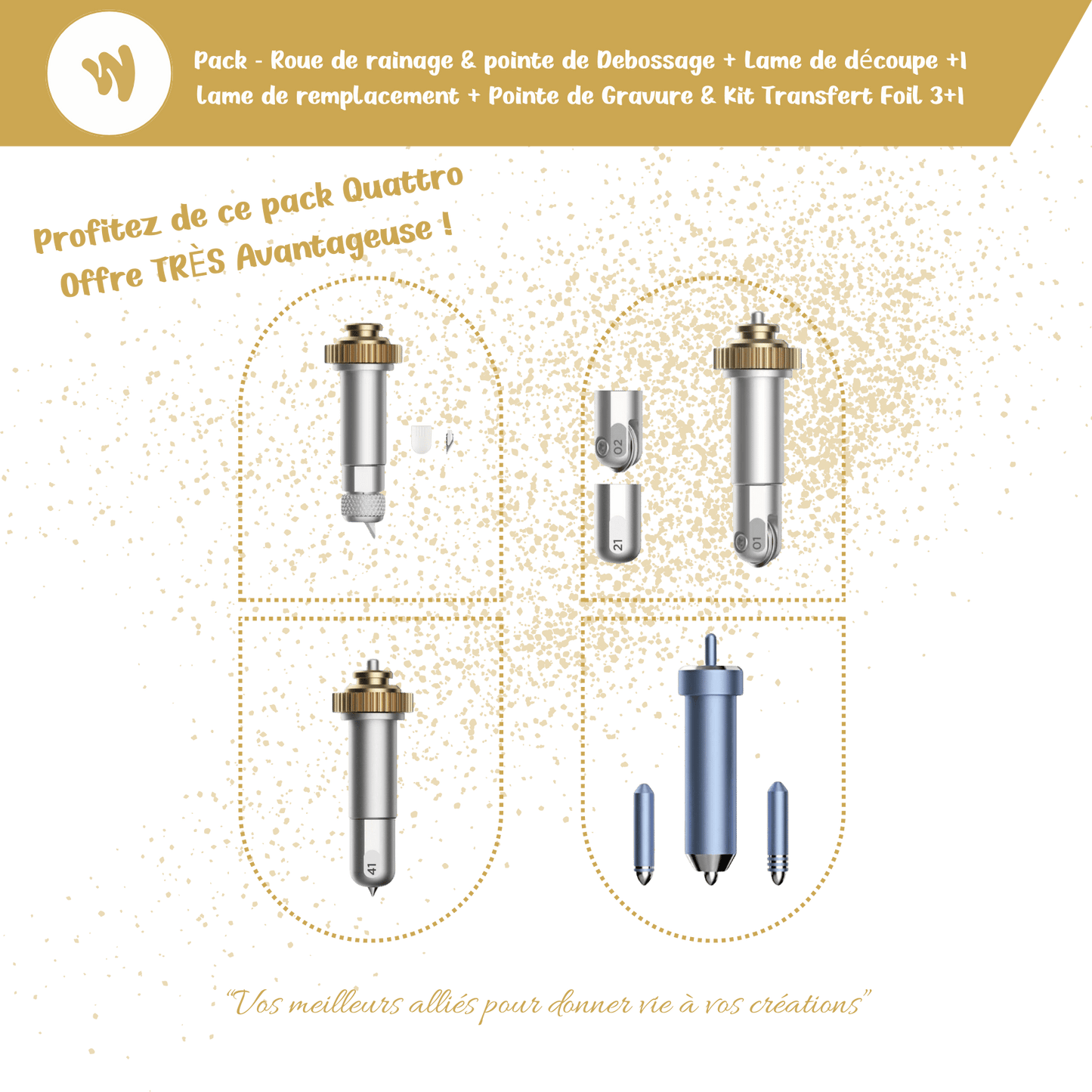Pack Quattro Premium – Roue de Rainage, Lame de Découpe, Pointe de Gravure & Kit Transfert Foil