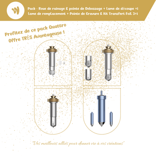 Pack Quattro Premium – Roue de Rainage, Lame de Découpe, Pointe de Gravure & Kit Transfert Foil