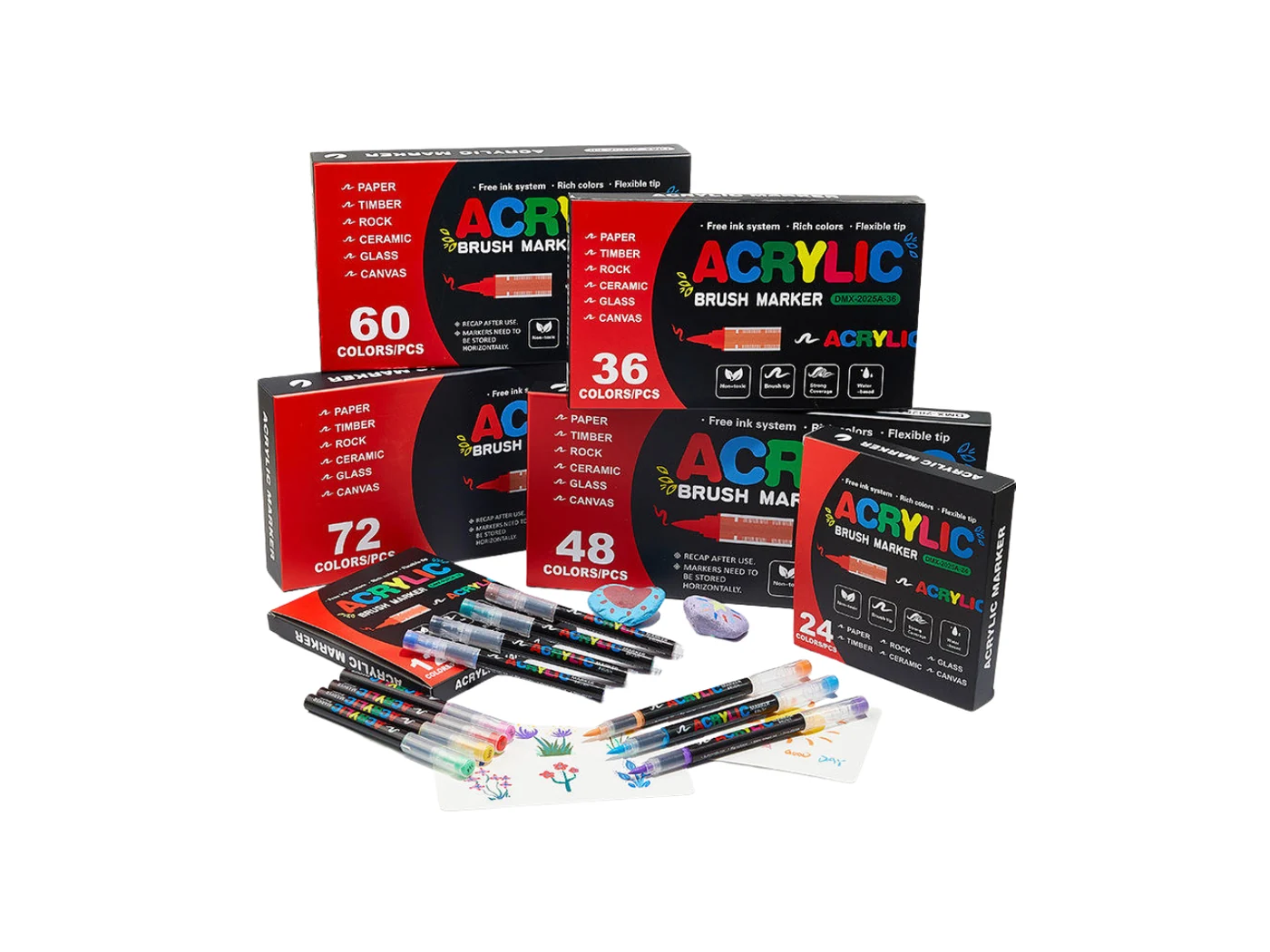 Univers Marqueurs acryliques Wellkitch — la gamme des coffrets, de 24 à 72 teintes.