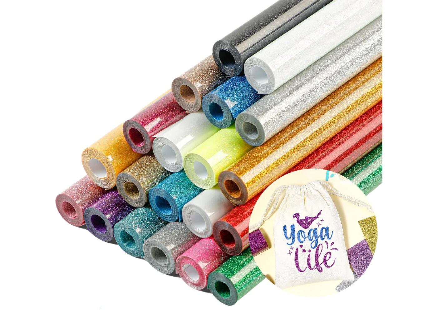 Univers Vinyle Wellkitch — rouleaux de vinyle thermocollant pailleté et exemple de textile personnalisé.